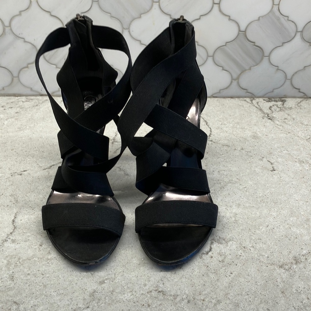 Carlos Santana 4” strappy heels in black with stretchy straps and zip closure